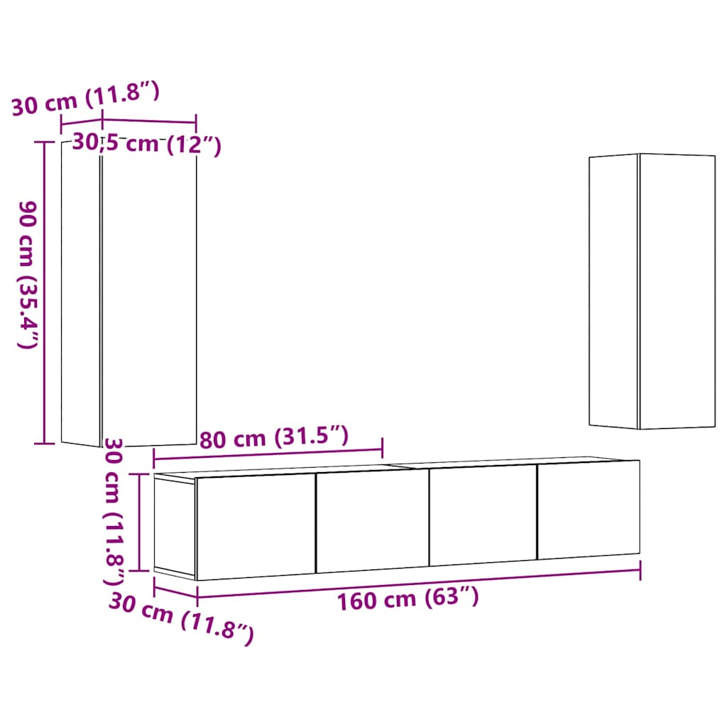 4 Piece Wall-mounted TV Cabinet Set Old Wood Engineered Wood