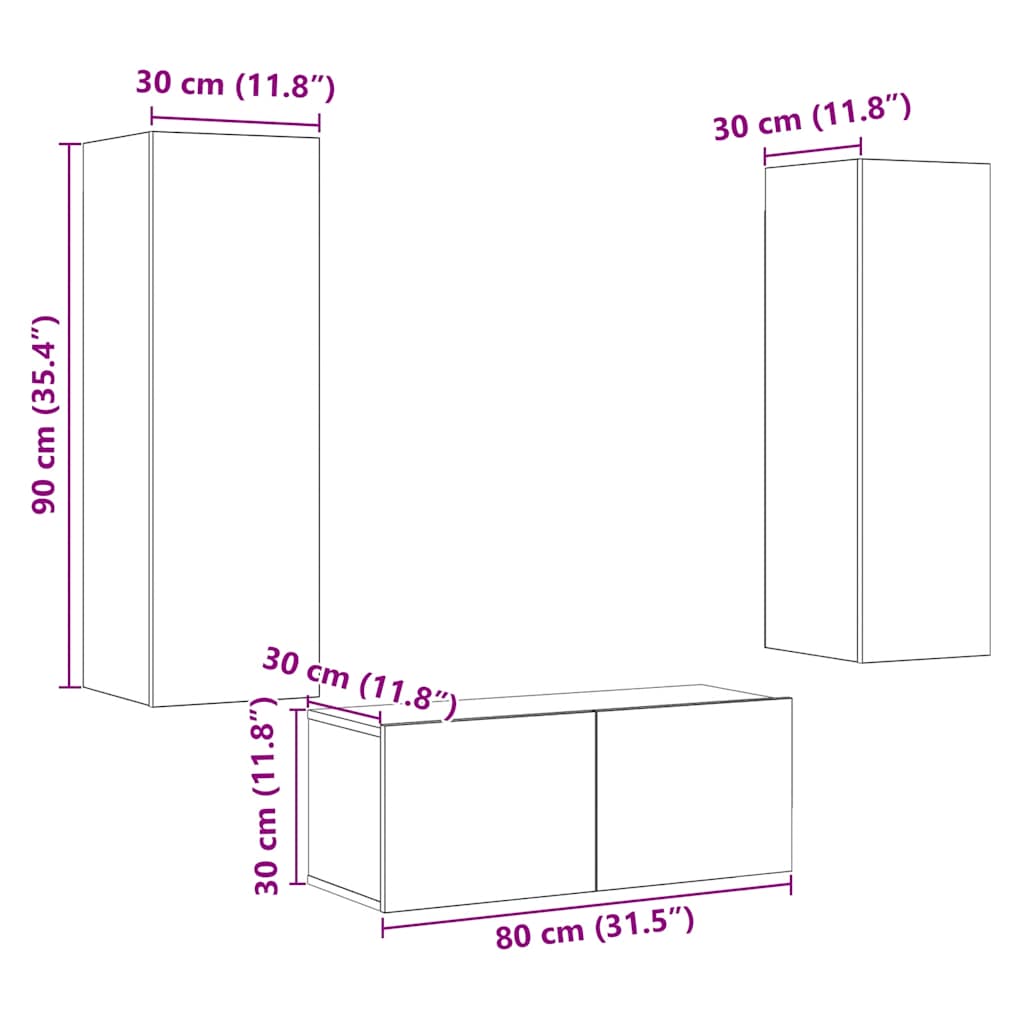 3 Piece Wall-mounted TV Cabinet Set Old Wood Engineered Wood