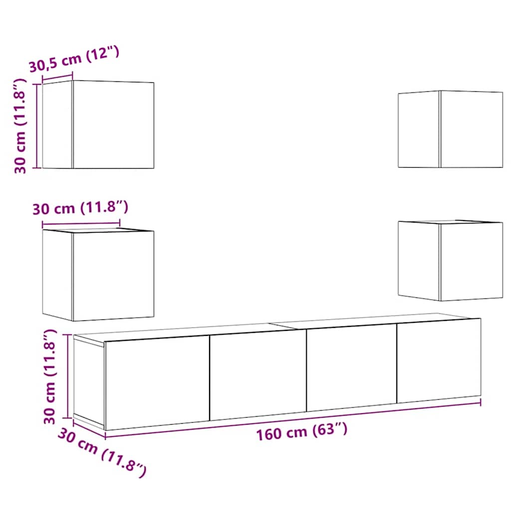 6 Piece Wall-mounted TV Cabinet Set Old Wood Engineered Wood