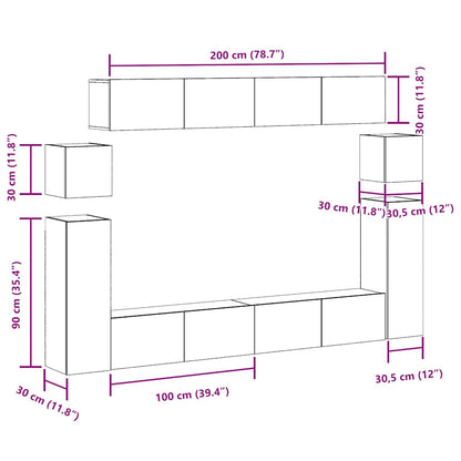 8 Piece TV Cabinet Set Wall-mounted Old Wood Engineered Wood