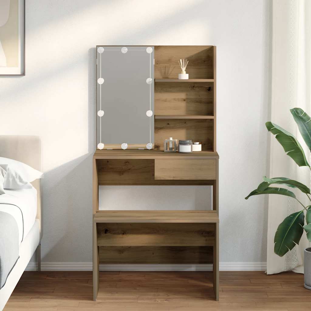 Dressing Table Set with LED Artisan Oak Engineered Wood