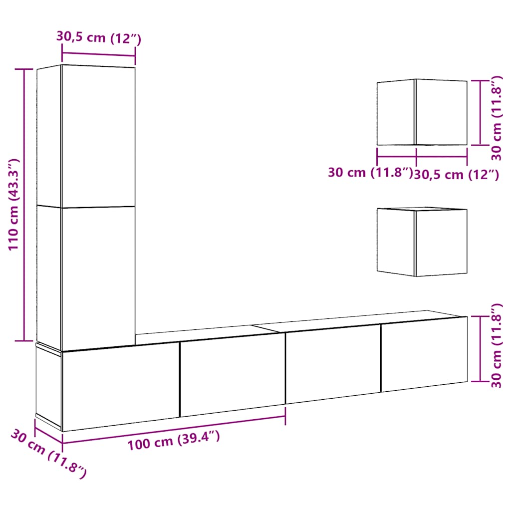 5 Piece TV Cabinet Set Wall-mounted Old Wood Engineered Wood