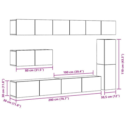 7 Piece TV Cabinet Set Wall-mounted Old Wood Engineered Wood