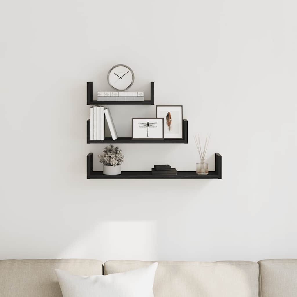 Wall Shelves 3 pcs Black Oak Engineered Wood