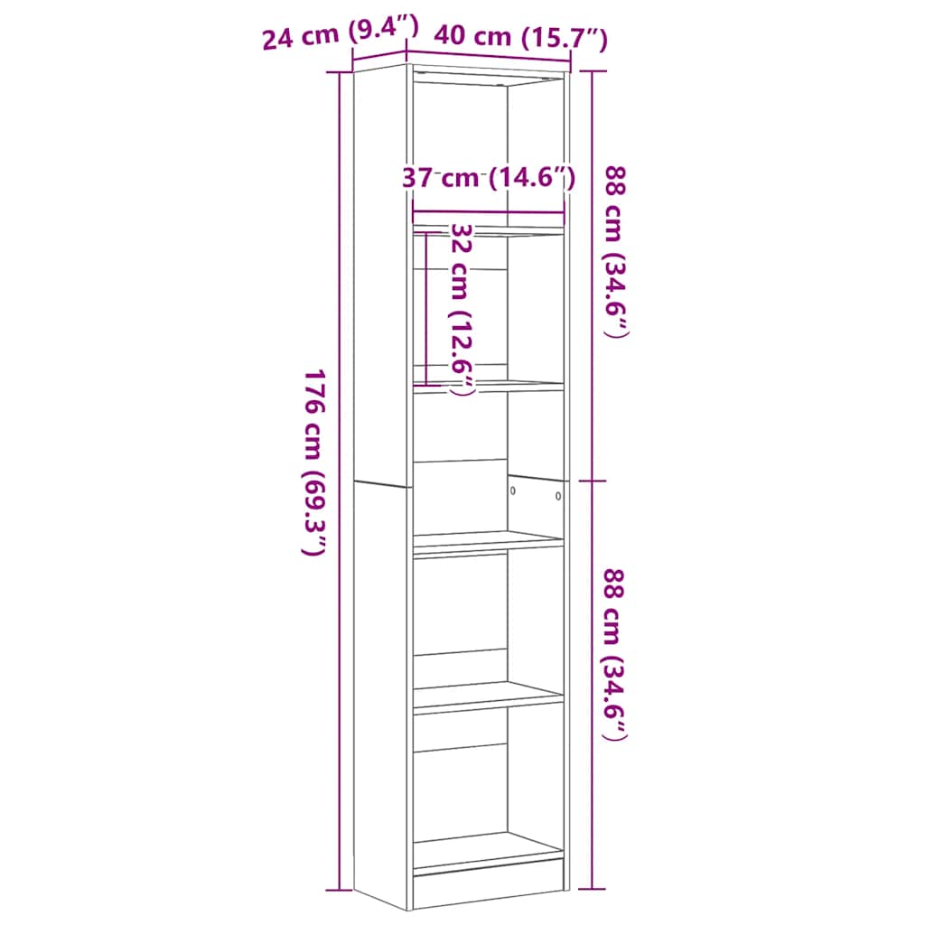 Bookcase Black Oak 40x24x176 cm Engineered Wood