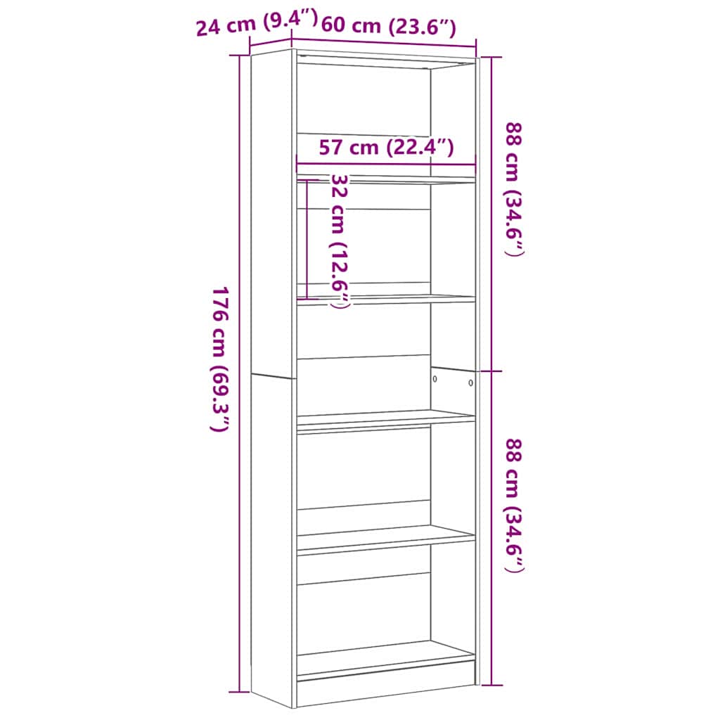 Bookshelf Black Oak 60 x 24 x 176 cm Engineered Wood