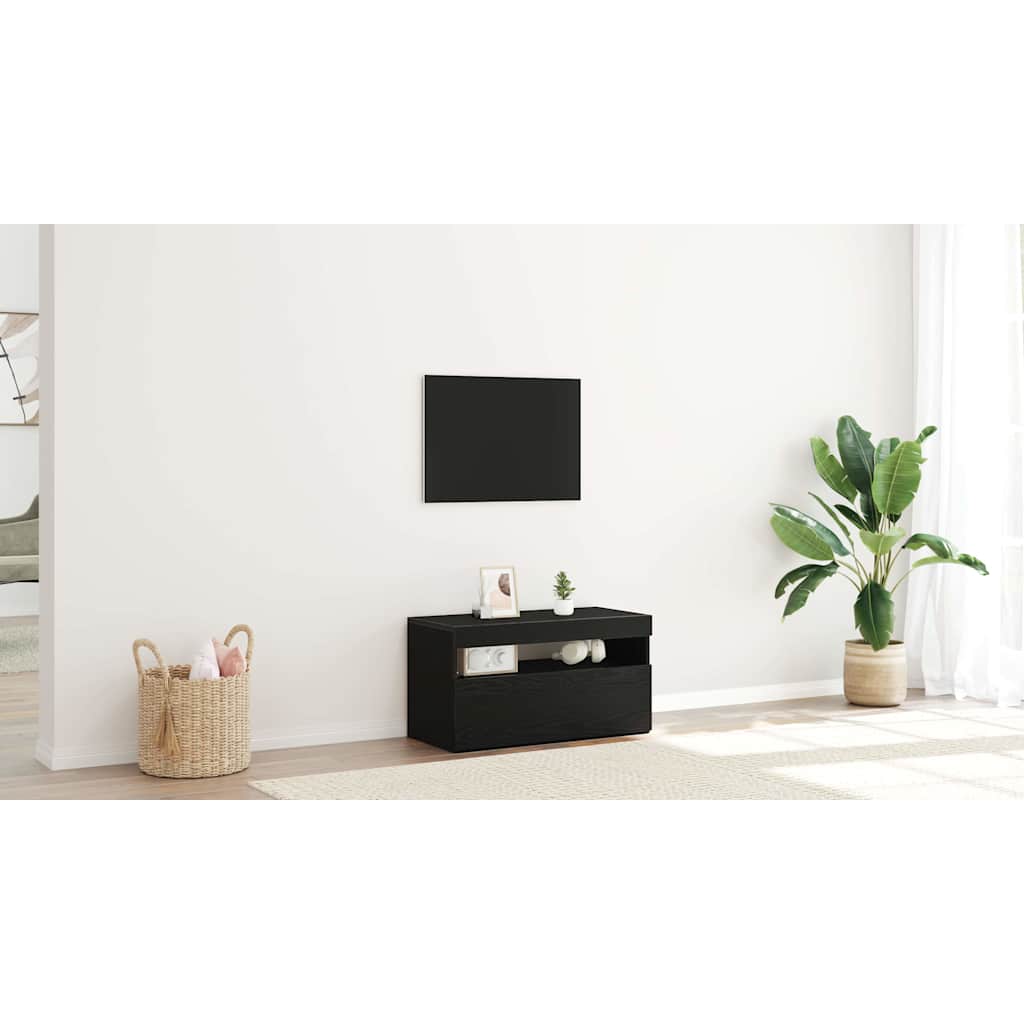TV Cabinet with LED Black Oak 75 x 35 x 40 cm Engineered Wood