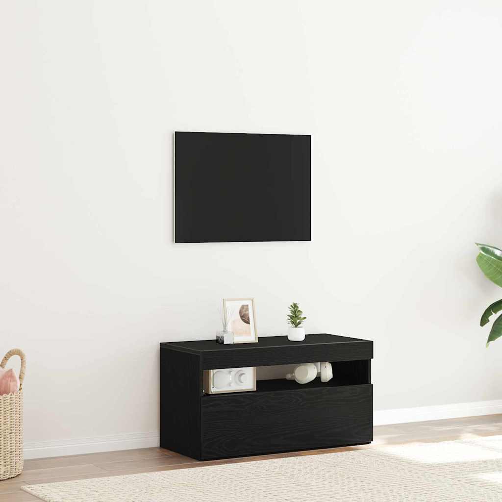 TV Cabinet with LED Black Oak 75 x 35 x 40 cm Engineered Wood