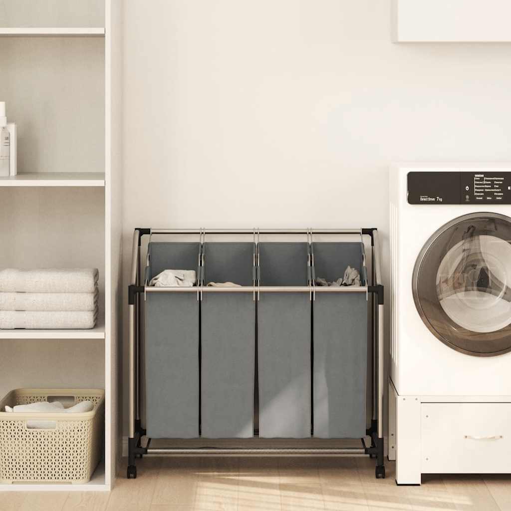 Laundry Basket with Wheels 4 Compartments Grey