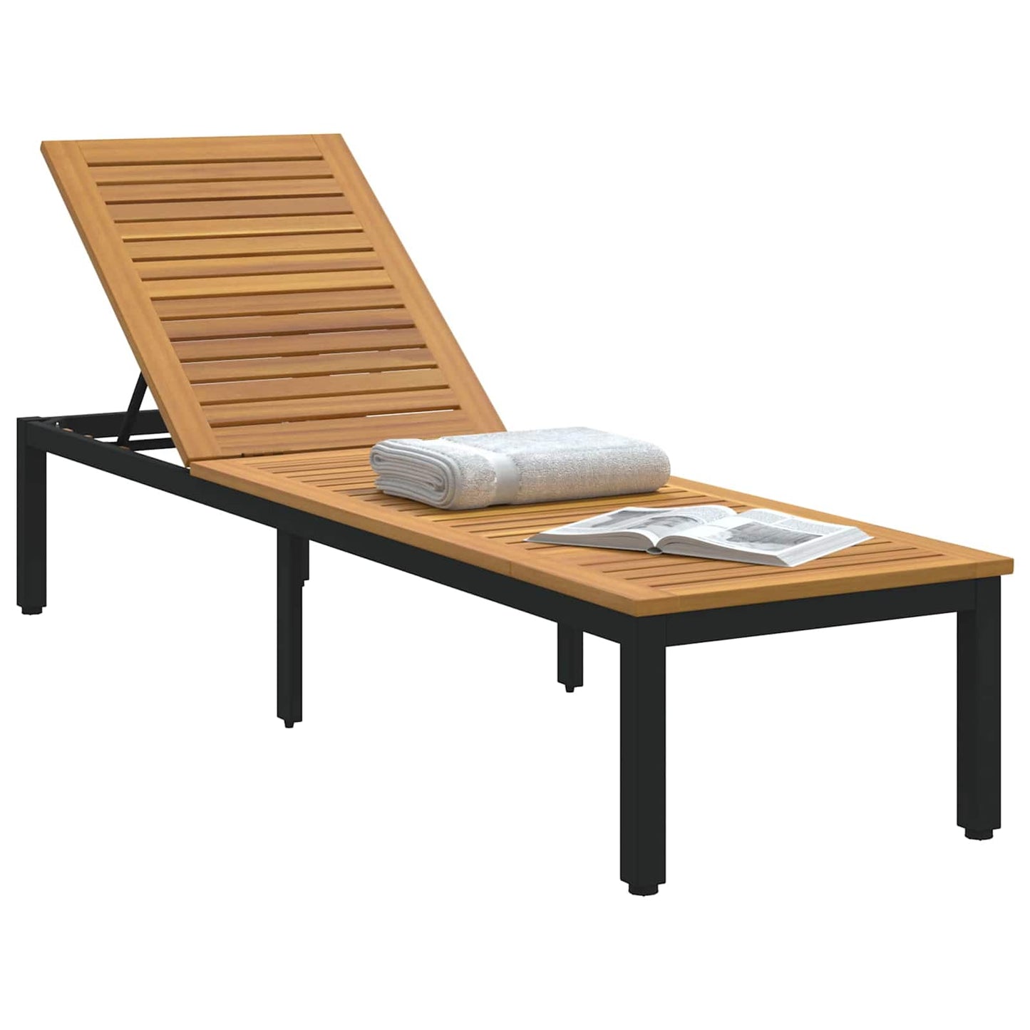 Sun lounger Reclining Black 200 x 55 x 35 cm Solid Acacia Wood