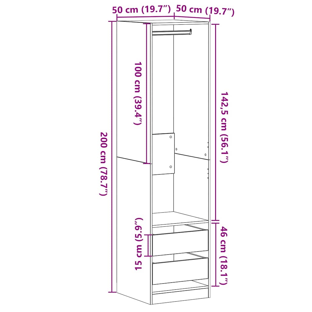 Wardrobe with Drawer Black Oak 50 x 50 x 200 cm Engineered Wood