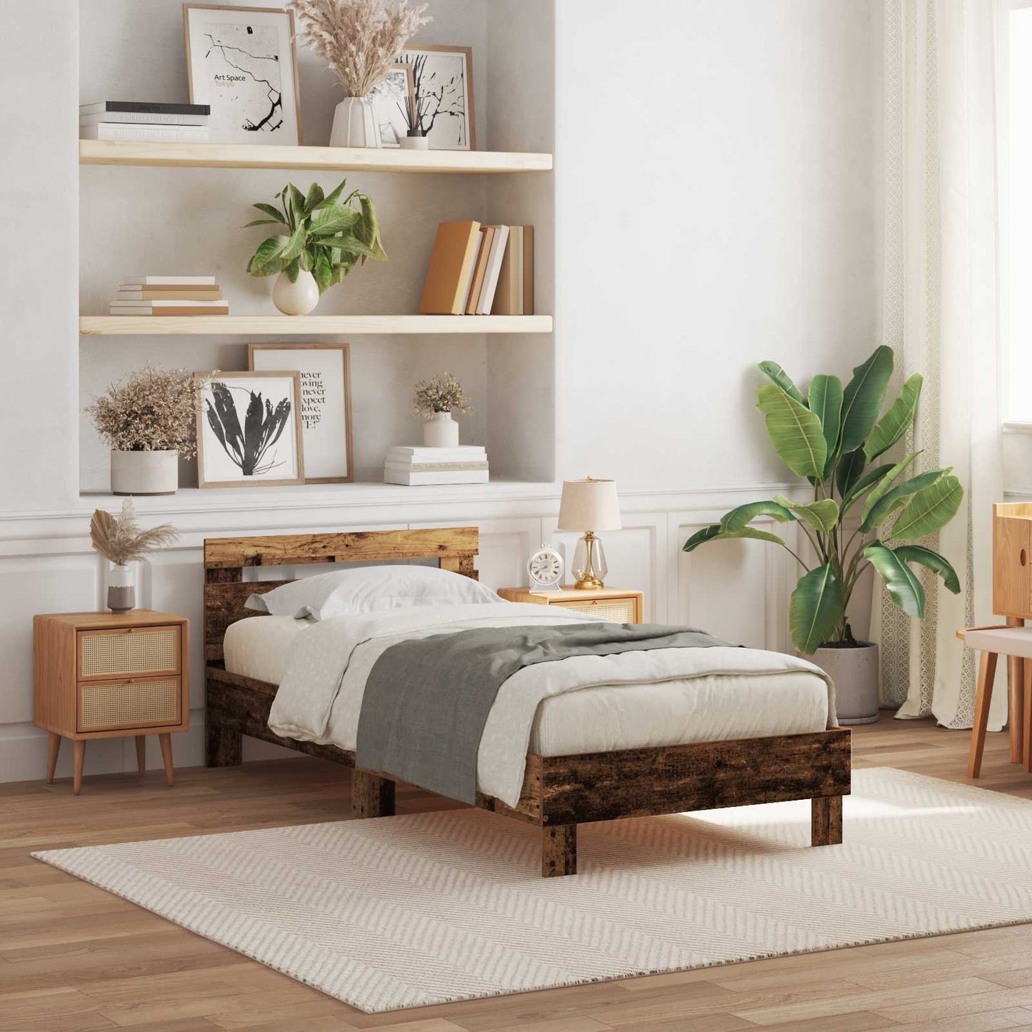 Bed Frame with LED Old Wood 75 x 190 cm Engineered Wood