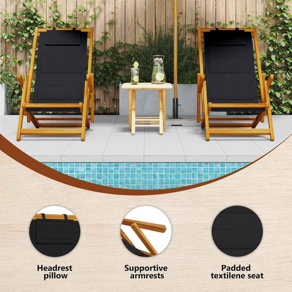 Beach Chair with Cushion Folding 2 pcs Brown Solid Acacia Wood