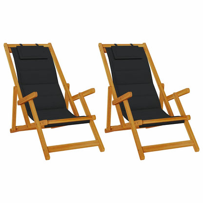 Beach Chair with Cushion Folding 2 pcs Brown Solid Acacia Wood