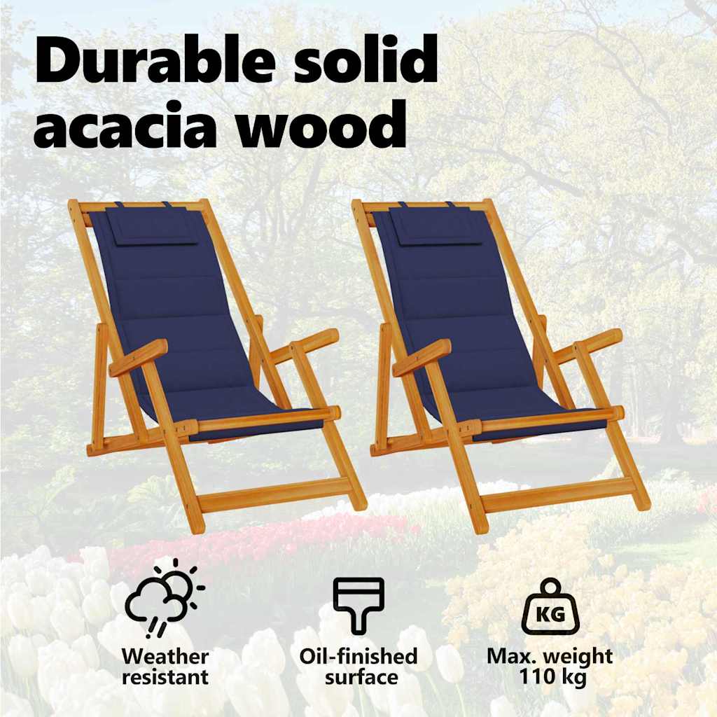 Beach Chair with Cushion Folding 2 pcs Brown Solid Acacia Wood
