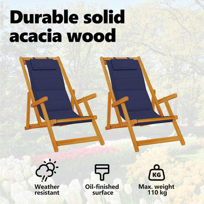Beach Chair with Cushion Folding 2 pcs Brown Solid Acacia Wood