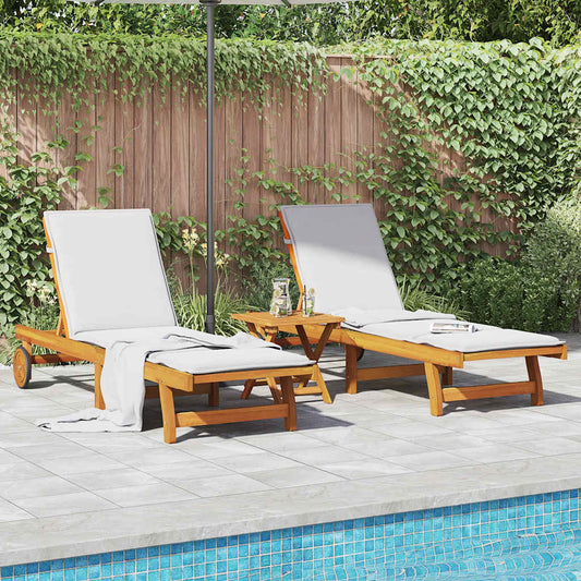 Wheeled Sun Loungers 2 pcs with Table Solid Wood Acacia
