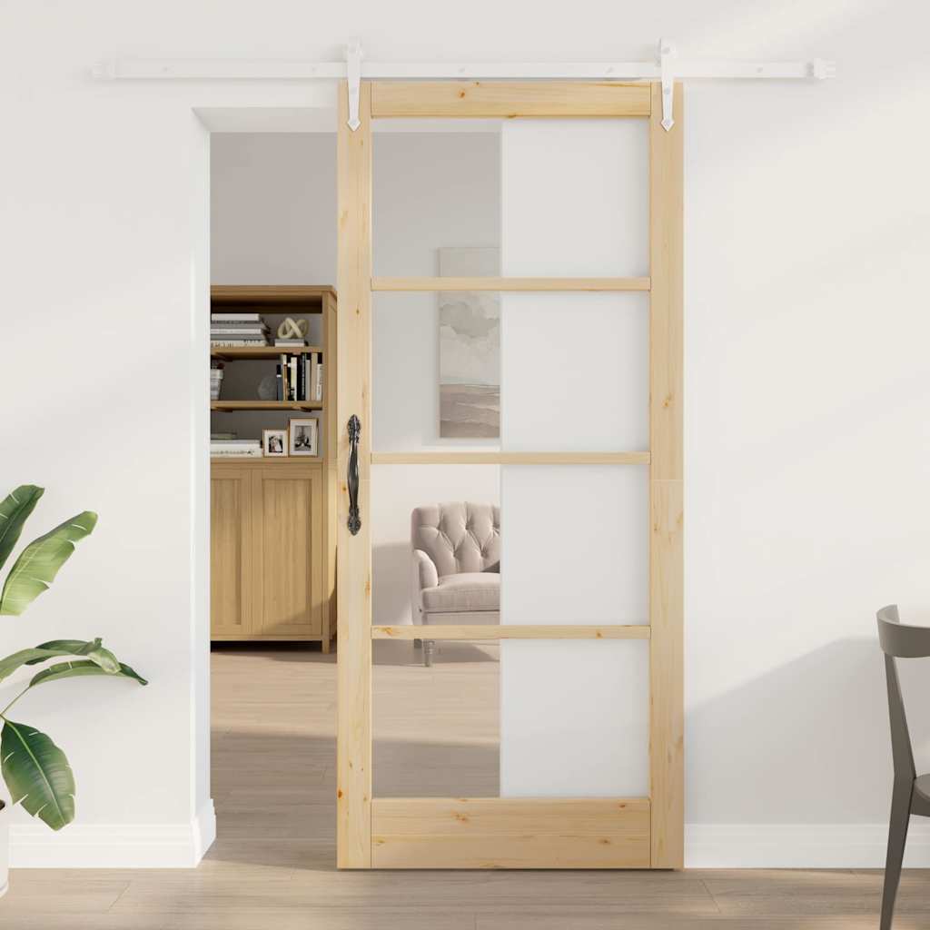 Sliding Door Natural 93 x 211 cm Solid Pine Wood and Glass