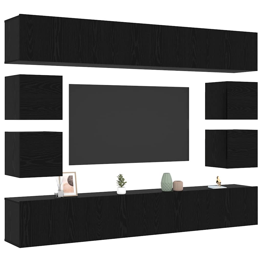 TV Cabinet Set Wall-mounted 8 pcs Black Oak Engineered Wood