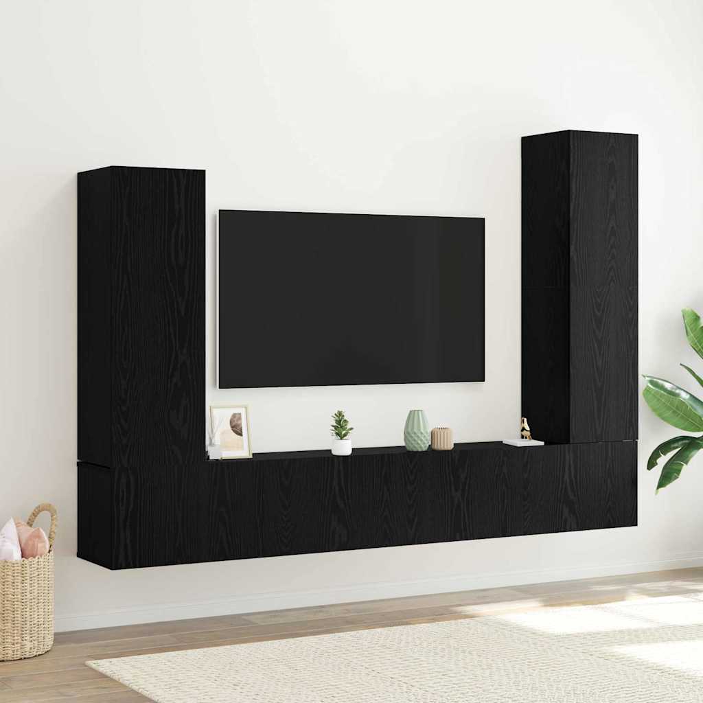 TV Cabinet Set Wall-mounted 4 pcs Black Oak Engineered Wood