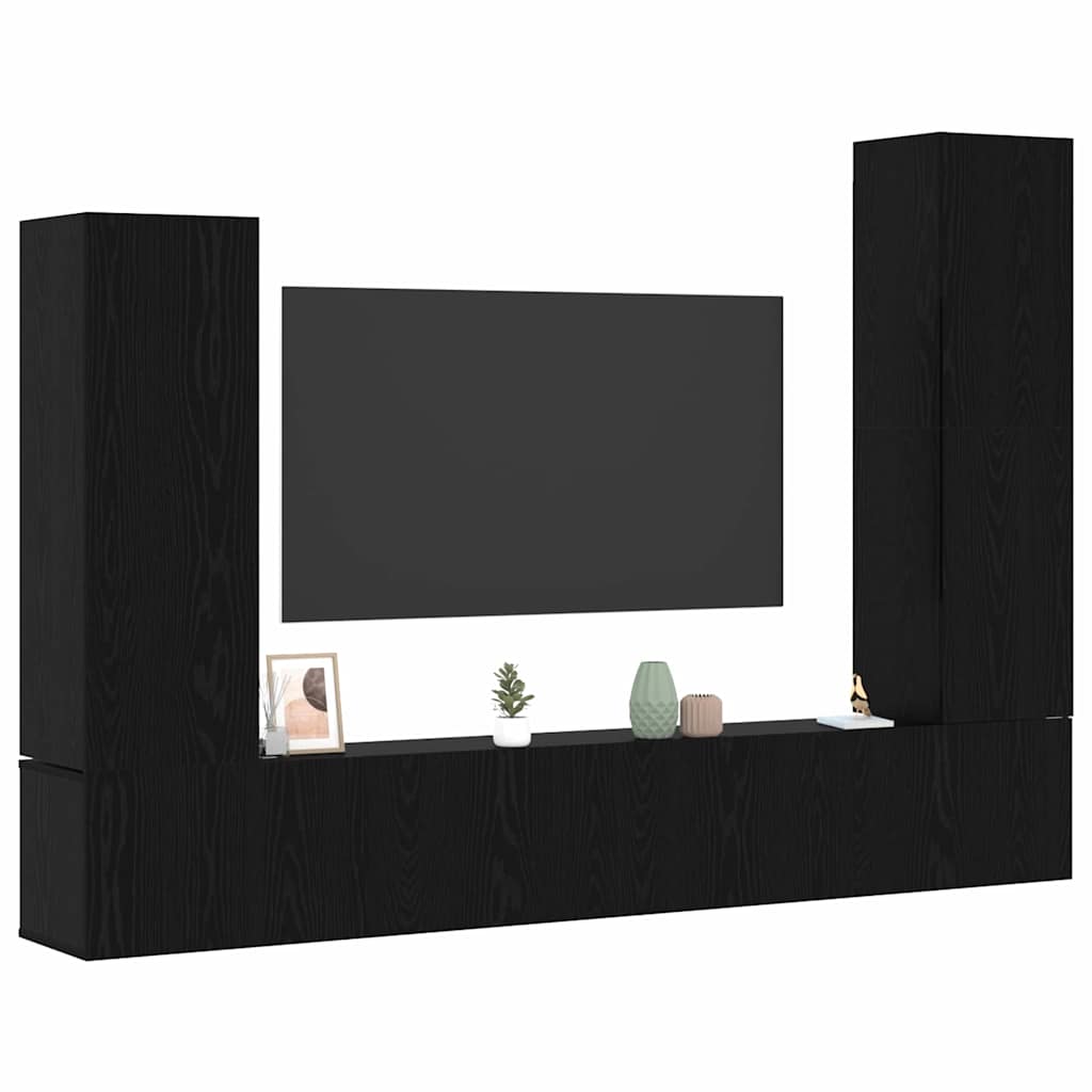 TV Cabinet Set Wall-mounted 4 pcs Black Oak Engineered Wood