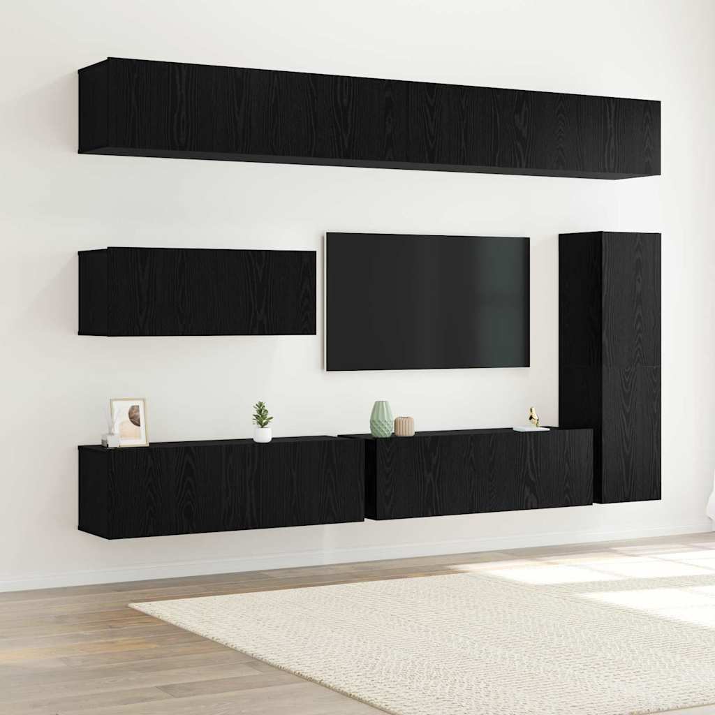 TV Cabinet Set Wall-mounted 7 pcs Black Oak Engineered Wood