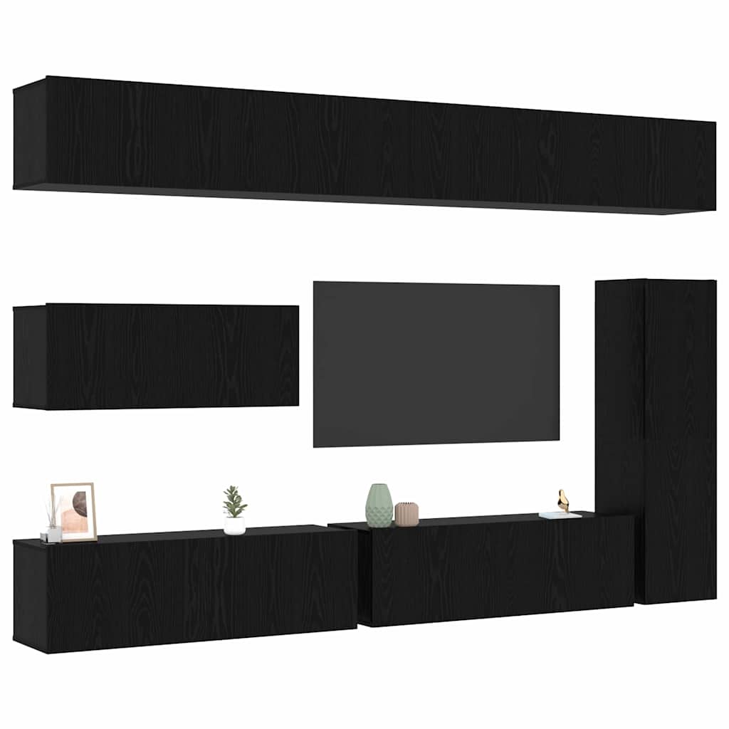 TV Cabinet Set Wall-mounted 7 pcs Black Oak Engineered Wood