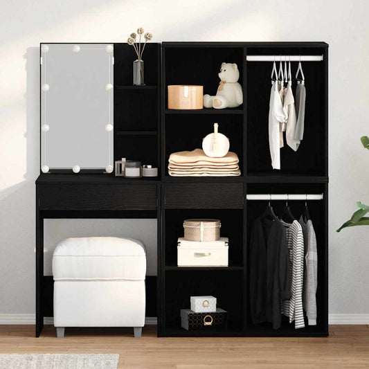 LED Dressing Table Set with Drawer Black Oak 140 x 40 x 140 cm