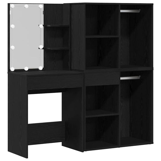 LED Dressing Table Set with Drawer Black Oak 140 x 40 x 140 cm