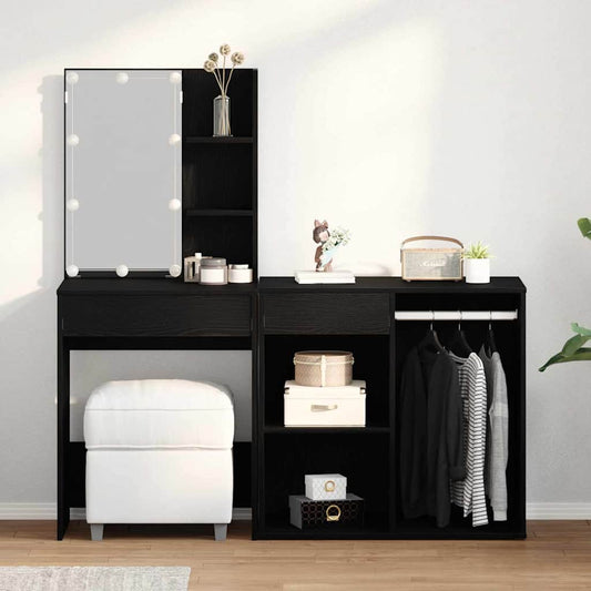 LED Dressing Table Set with Drawer Black Oak 140 x 40 x 140 cm