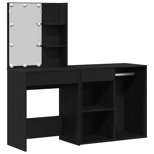 LED Dressing Table Set with Drawer Black Oak 140 x 40 x 140 cm