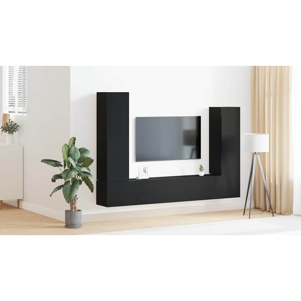 TV Cabinet Set Wall-mounted 6 pcs Black Oak Engineered Wood