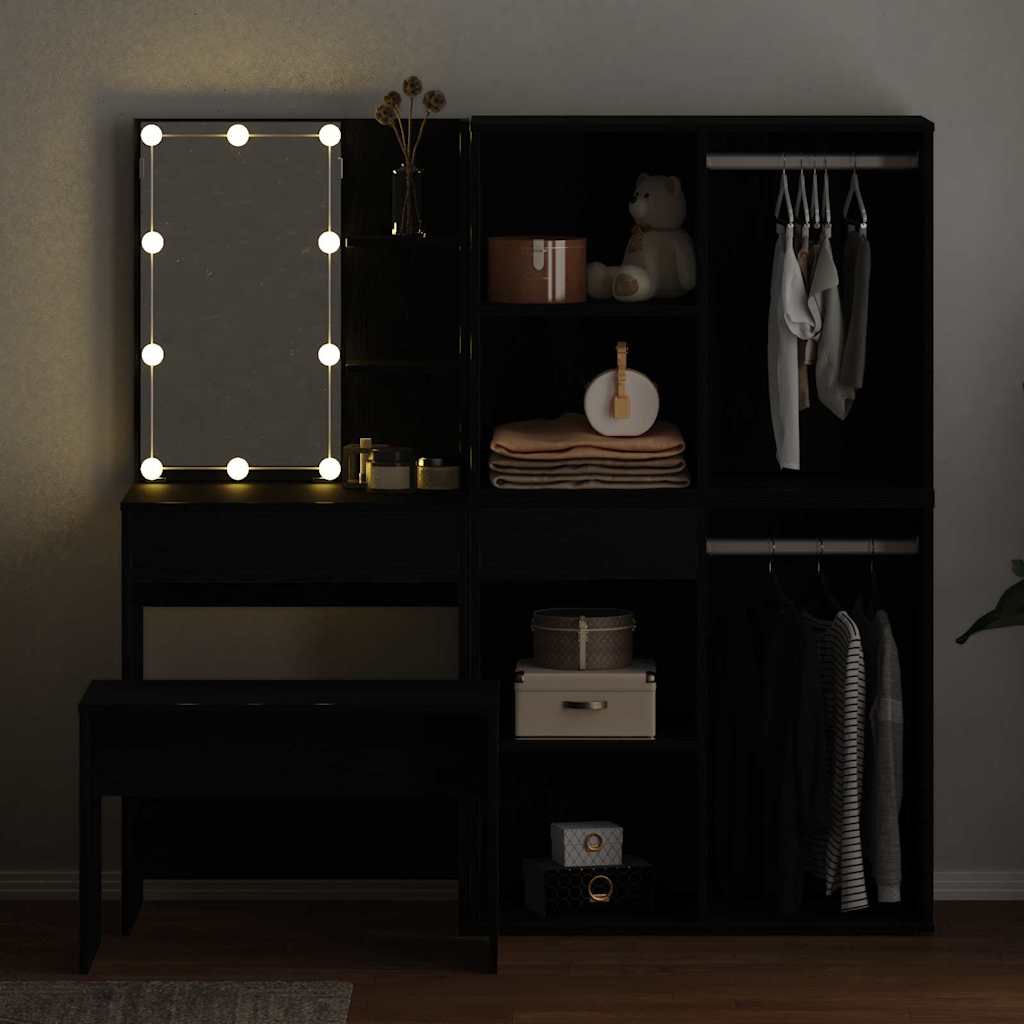 Dressing Table Set with LED 4 pcs Black Oak Engineered Wood