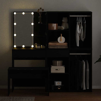 Dressing Table Set with LED 4 pcs Black Oak Engineered Wood