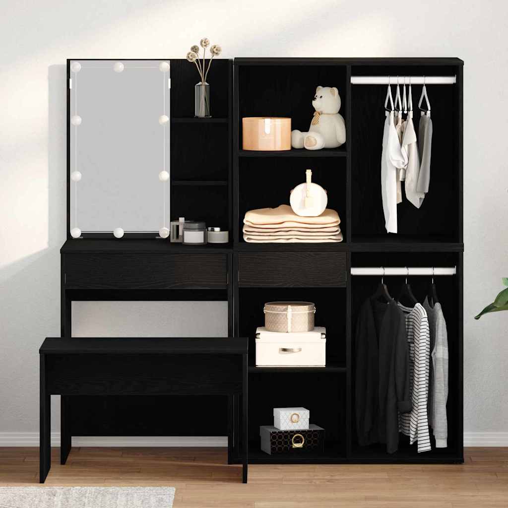 Dressing Table Set with LED 4 pcs Black Oak Engineered Wood