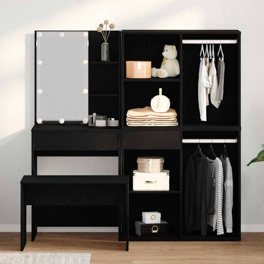 Dressing Table Set with LED 4 pcs Black Oak Engineered Wood