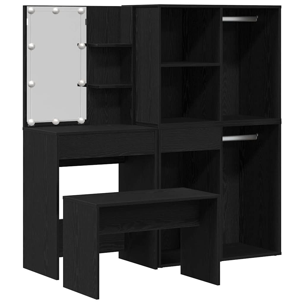 Dressing Table Set with LED 4 pcs Black Oak Engineered Wood