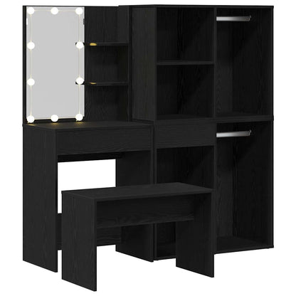 Dressing Table Set with LED 4 pcs Black Oak Engineered Wood
