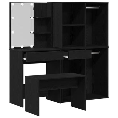Dressing Table Set with LED 4 pcs Black Oak Engineered Wood