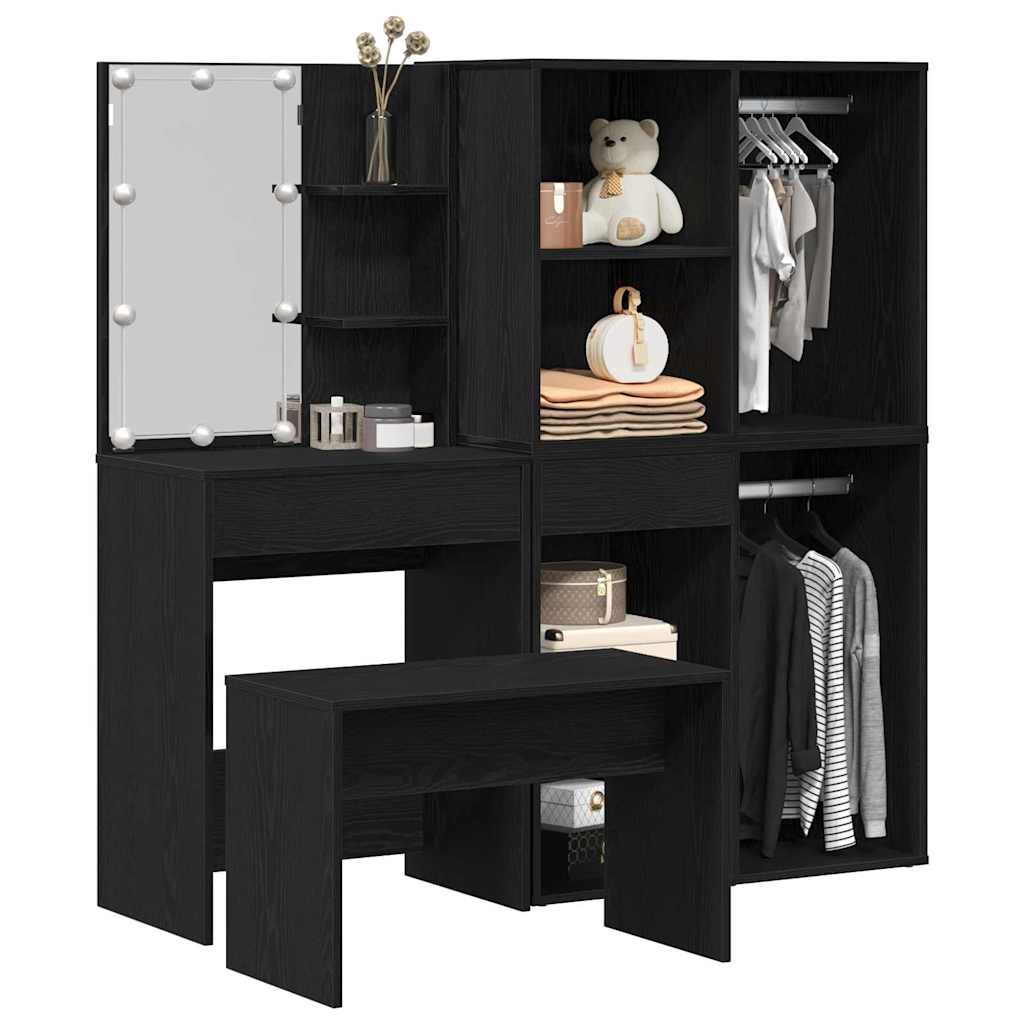 Dressing Table Set with LED 4 pcs Black Oak Engineered Wood