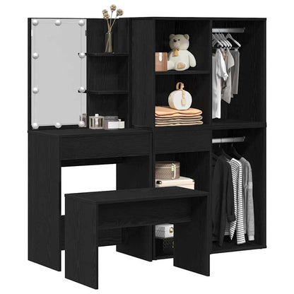 Dressing Table Set with LED 4 pcs Black Oak Engineered Wood