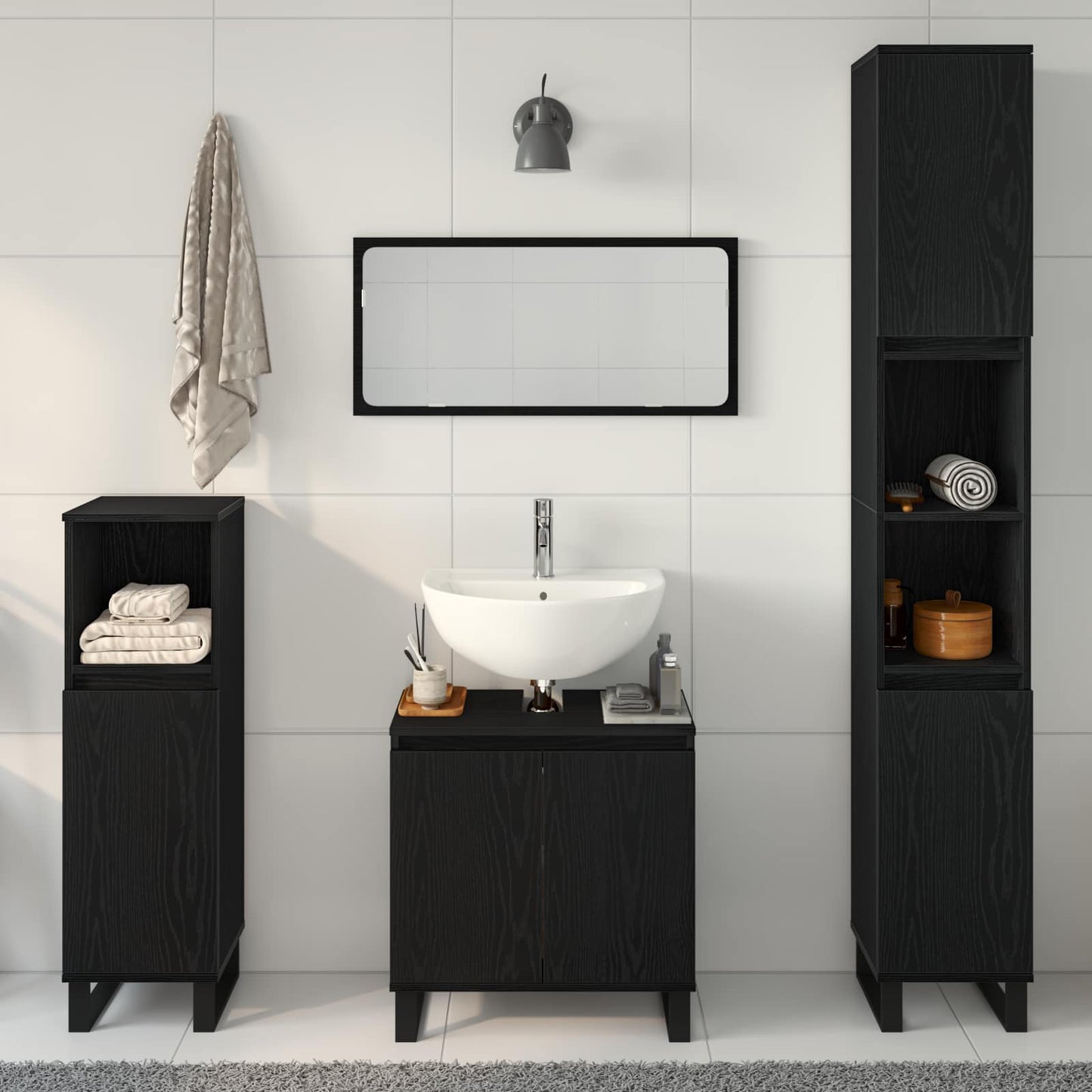 Bathroom Furniture Set Wall-mounted with Door 3 pcs Black Oak