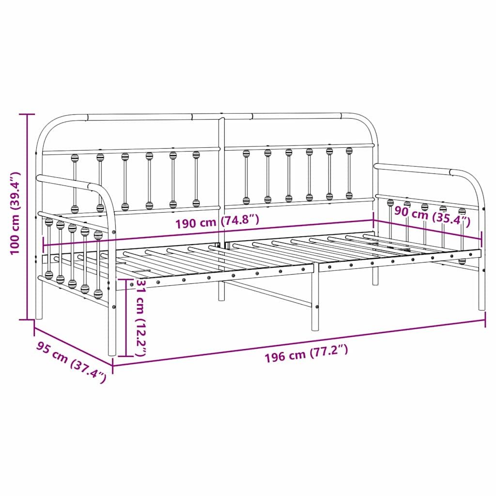 Daybed Frame Black 90 x 190 cm Powder-Coated Steel