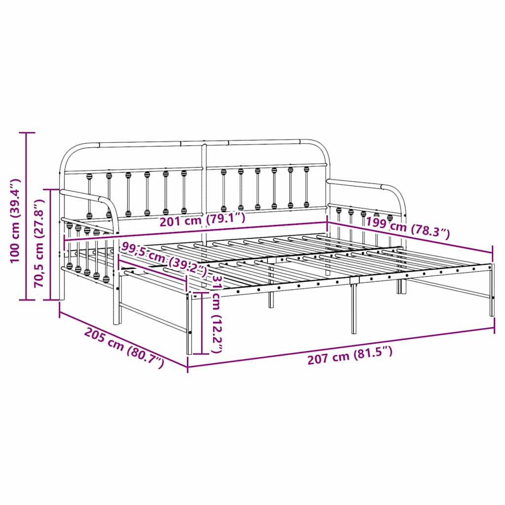 Daybed Frame Black 100 x 200 cm Powder-Coated Steel