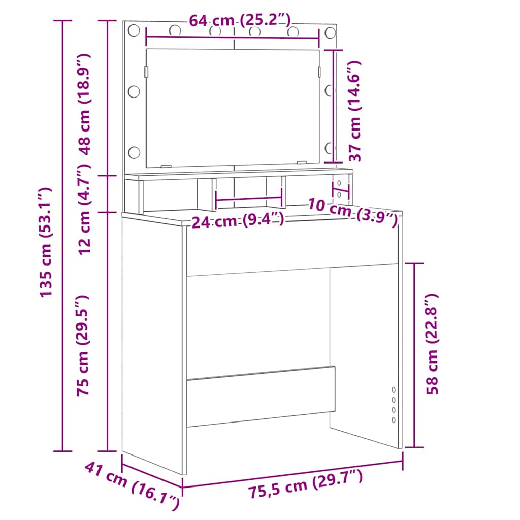 Dressing Table Brown Oak 75.5 x 41 x 135 cm Engineered Wood