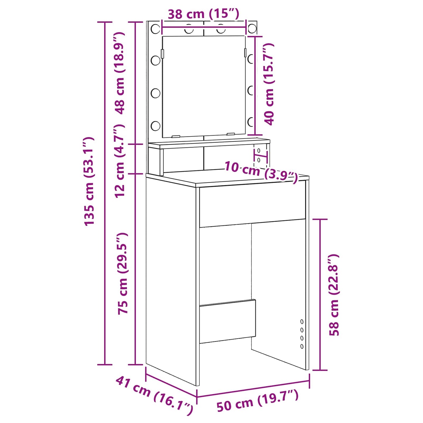 Dressing Table White 50 x 41 x 135 cm Engineered Wood