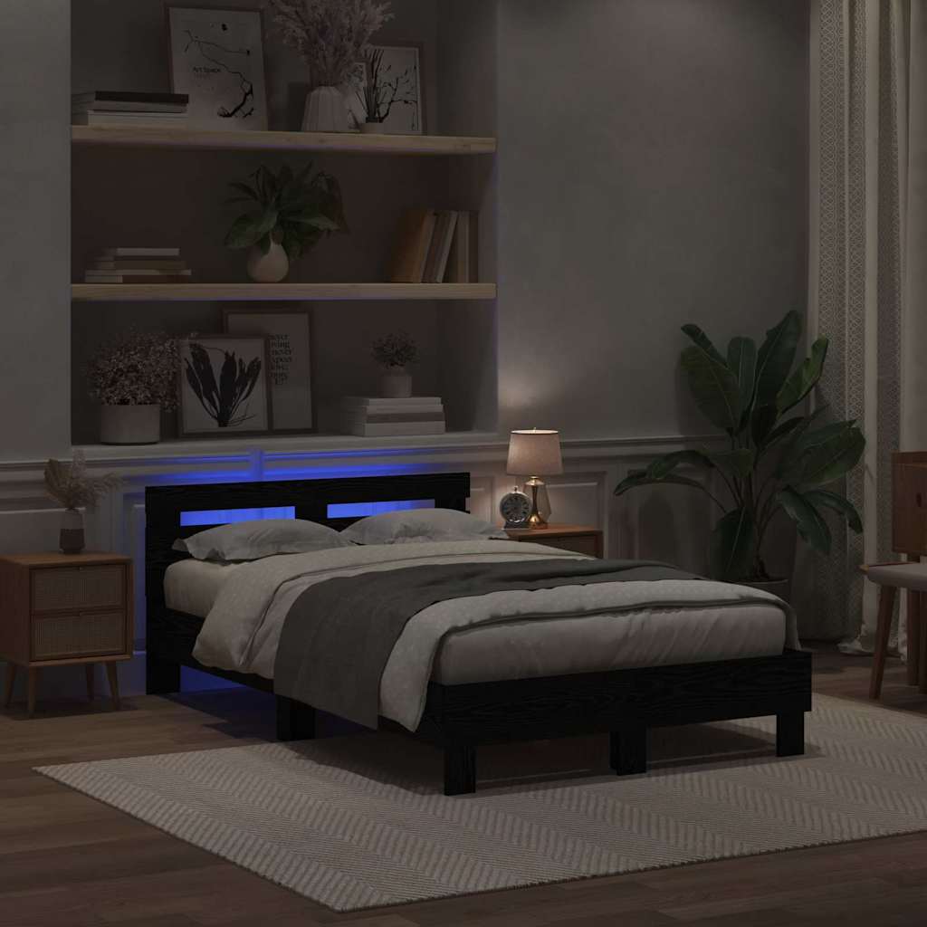 Bed Frame with LED Black Oak 135 x 190 cm Engineered Wood