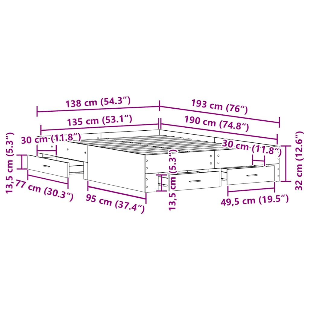 Bed Frame with Drawer Black Oak 135 x 190 cm Engineered Wood