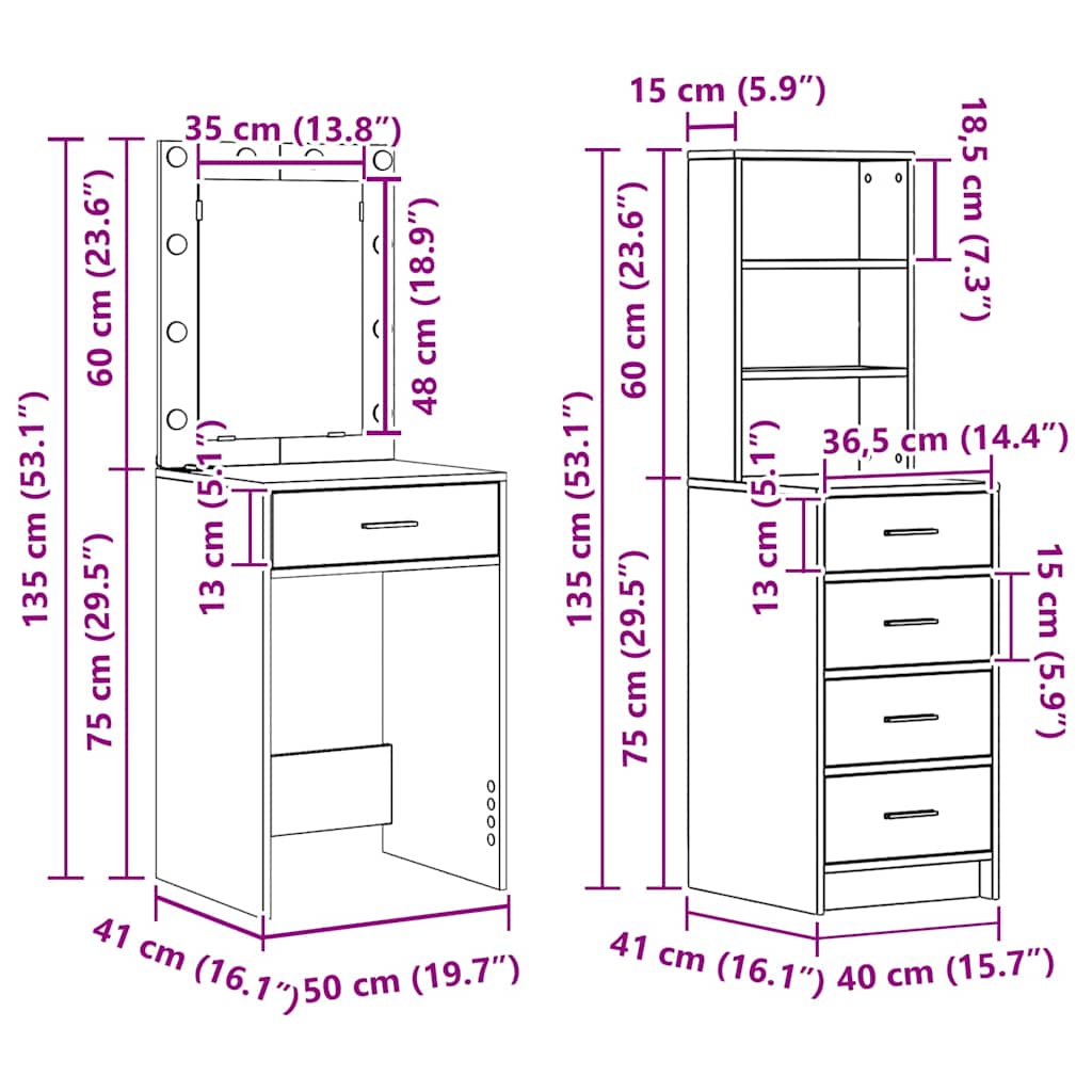 Dressing Table 2 pcs Brown 50 x 41 x 135 cm Engineered wood