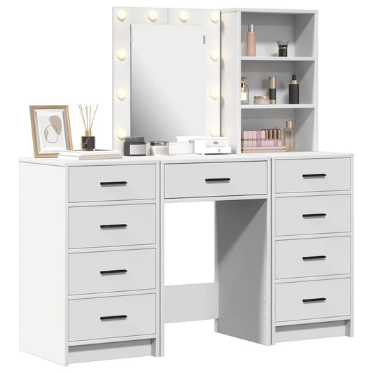 Dressing Table with Mirror Lights 3 pcs White Engineered wood